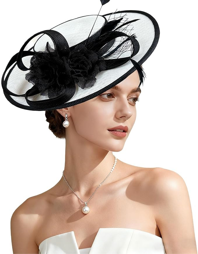 Kgromfy Fascinator Hat for Women Tea Party Hat Flat Top Church Hats Vintage Wedding Headband Luxu... | Amazon (US)