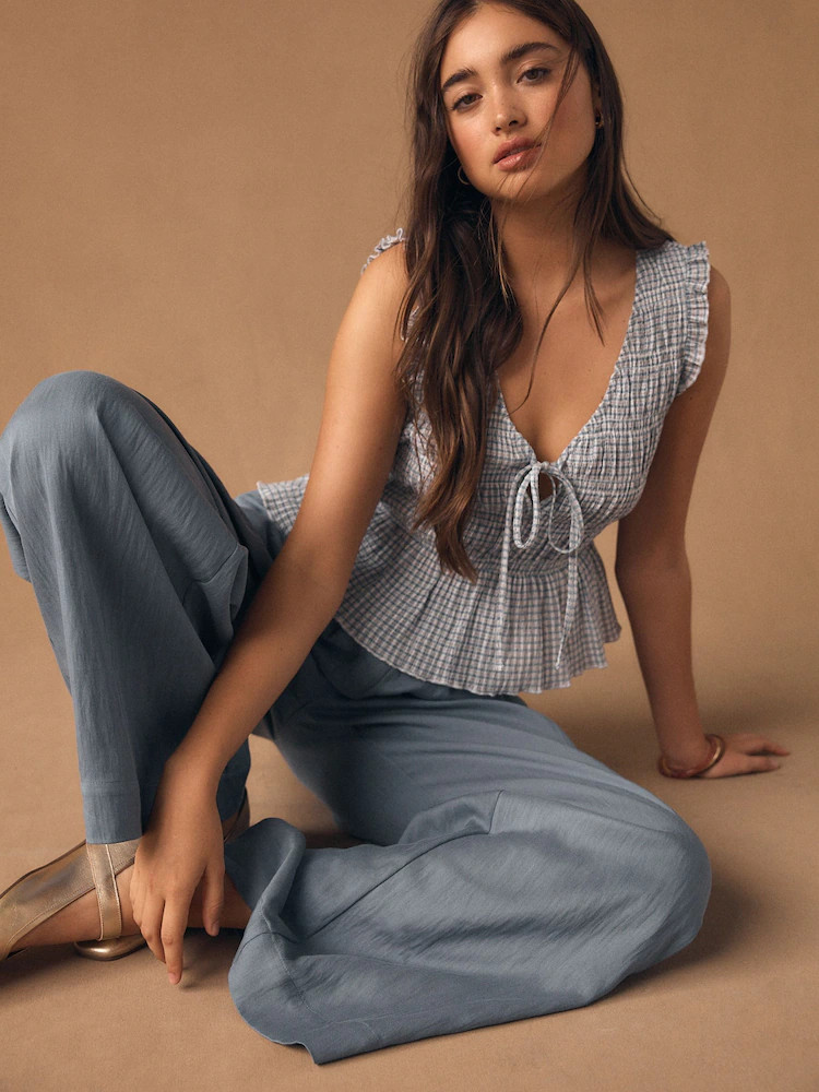 Buy Blue Gingham Shirred Tie Front Sleeveless Top from Next Belgium | Next EU