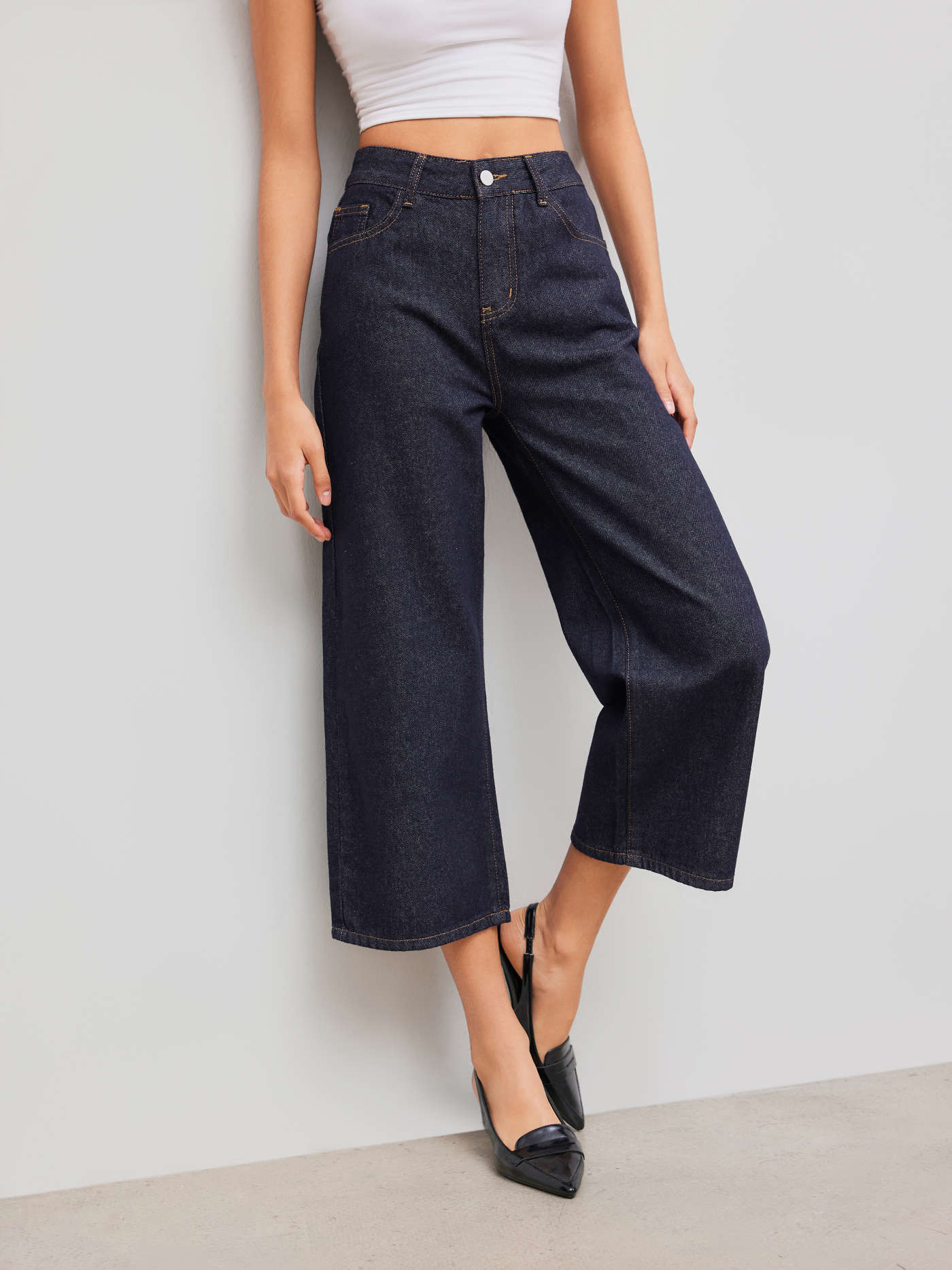 Jeans taille basse en denim uni à poches et jambe droite | Cider