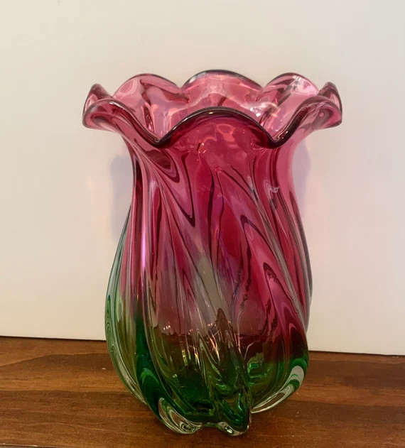 WATERMELON GLASS VASE Murano Art Style Pink Green Swirl | Etsy | Etsy (US)