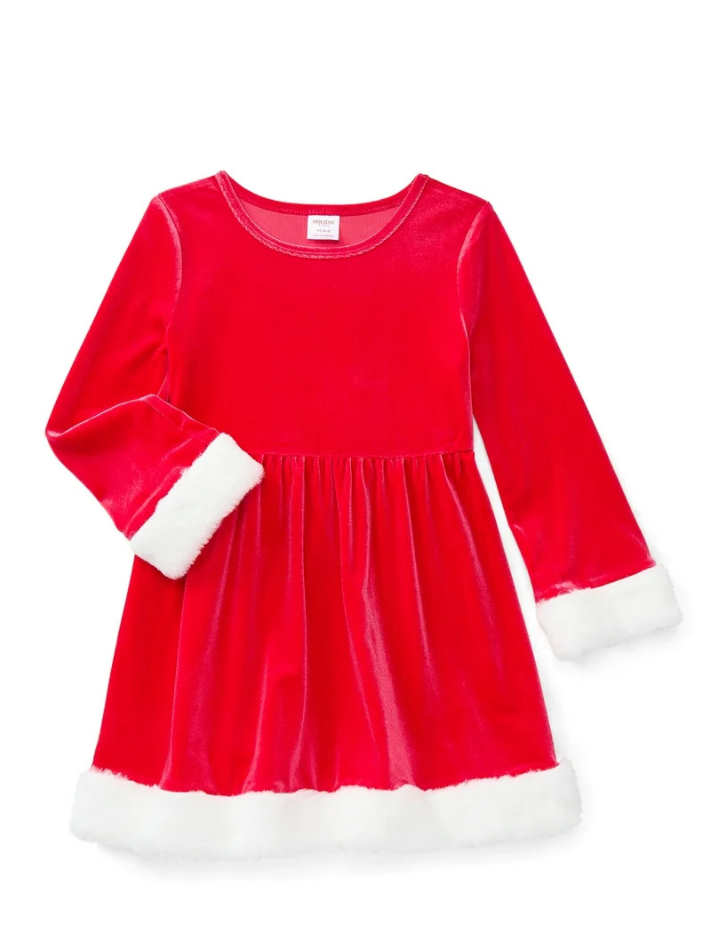 Holiday Time Girls Santa Velour Dress with Long Sleeves, Sizes 4-18 | Walmart (US)