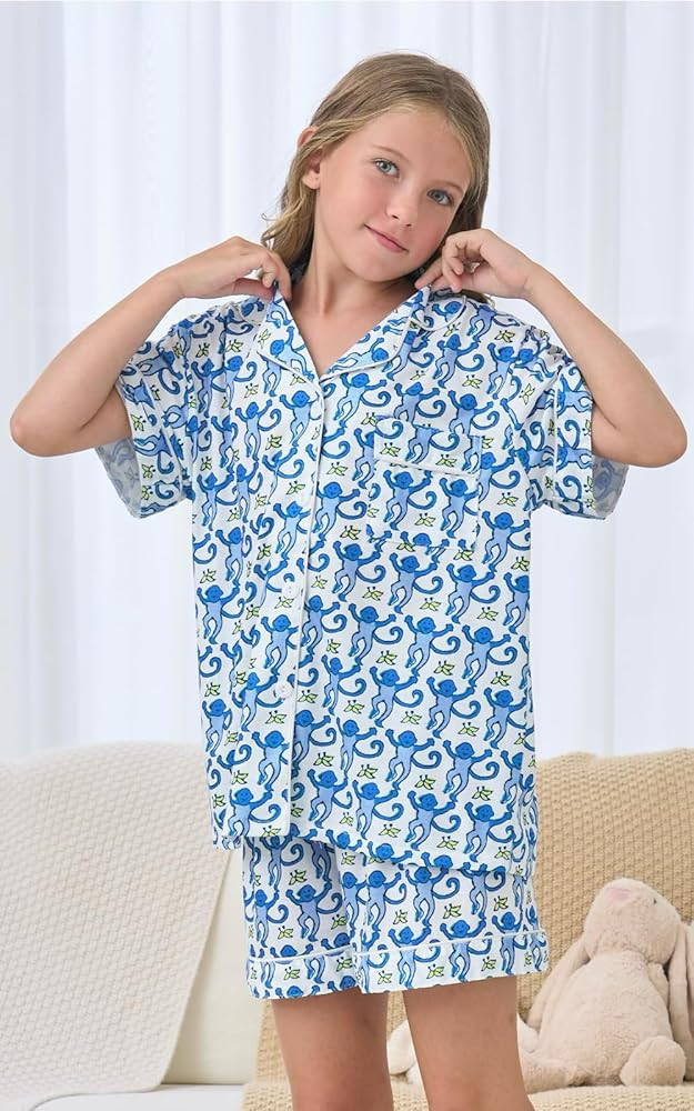 Girls Summer Outfit,Kids 2 Piece Button Down Monkey Loungewear Beach Shorts Set Preppy Animals Lo... | Amazon (US)