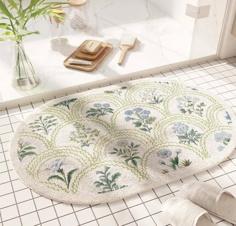 Spring Floral Bathroom Rug 32" x 20" Wild Flowers Bathroom Mat Boho Floral Bath Rug (Oval, Green) | Amazon (US)