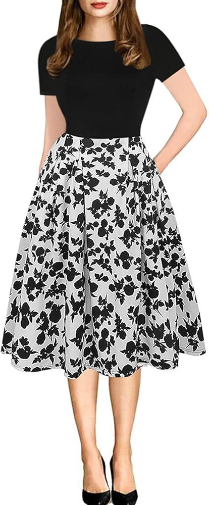 oxiuly Women's Vintage Patchwork Pockets Puffy Swing Casual Party Dress OX165 | Amazon (US)