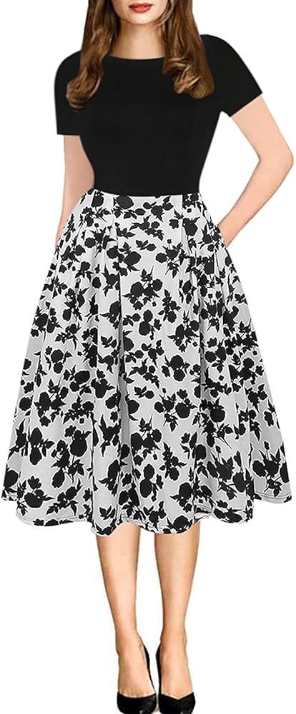 oxiuly Women's Vintage Patchwork Pockets Puffy Swing Casual Party Dress OX165 | Amazon (US)