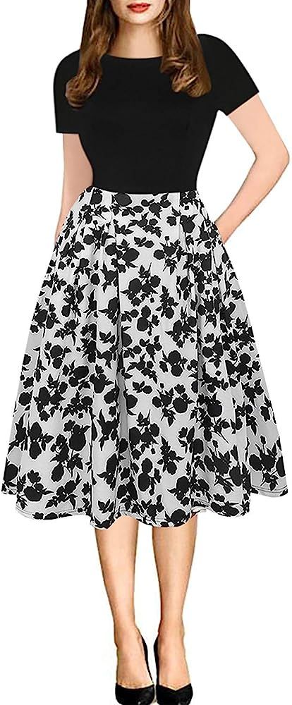 oxiuly Women's Vintage Patchwork Pockets Puffy Swing Casual Party Dress OX165 | Amazon (US)
