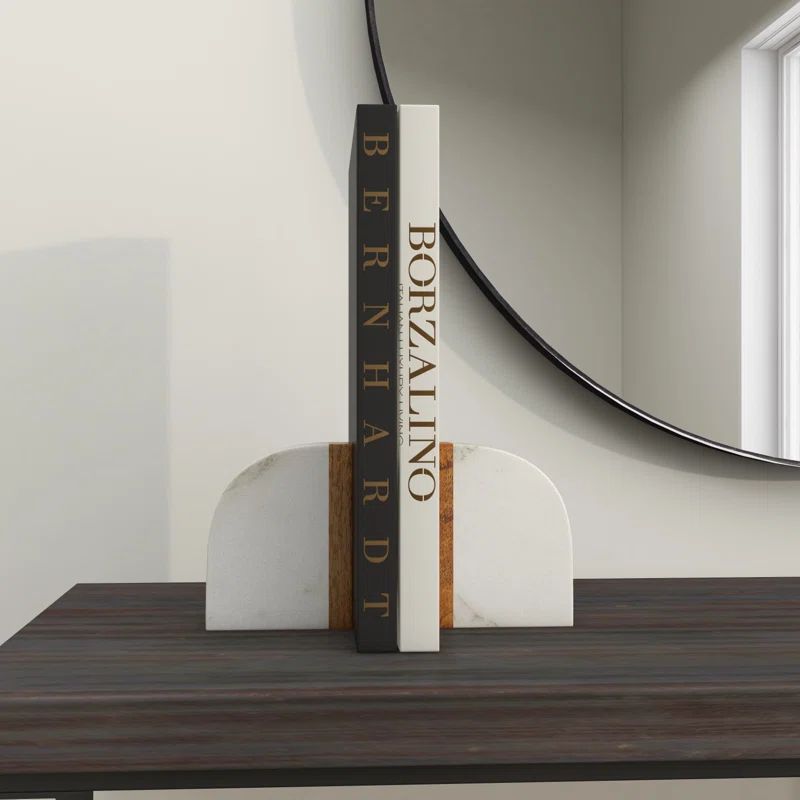 White Marble Bookends with Wood Details (Set of 2) | Wayfair North America