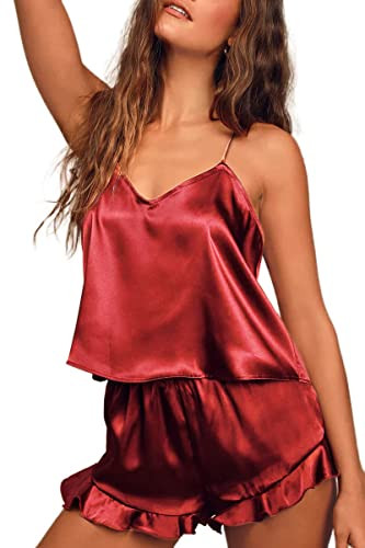 Ekouaer Satin Pajama Set for Women Silk Pjs for Women Set Camisole Top and Shorts with Ruffle Sle... | Amazon (US)