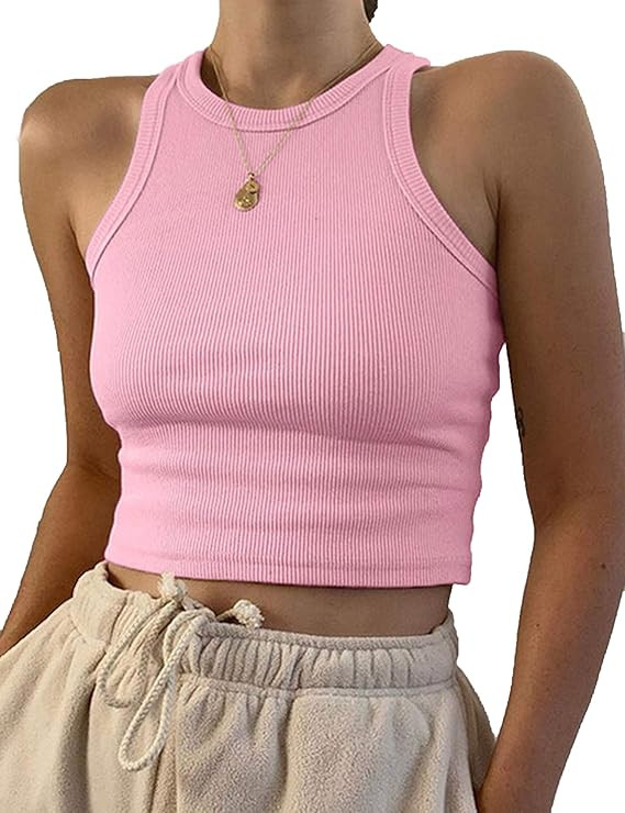 KAMISSY Women Basic Crew Neck Crop Tank Top Solid Rib-Knit Binding Crop Top | Amazon (US)