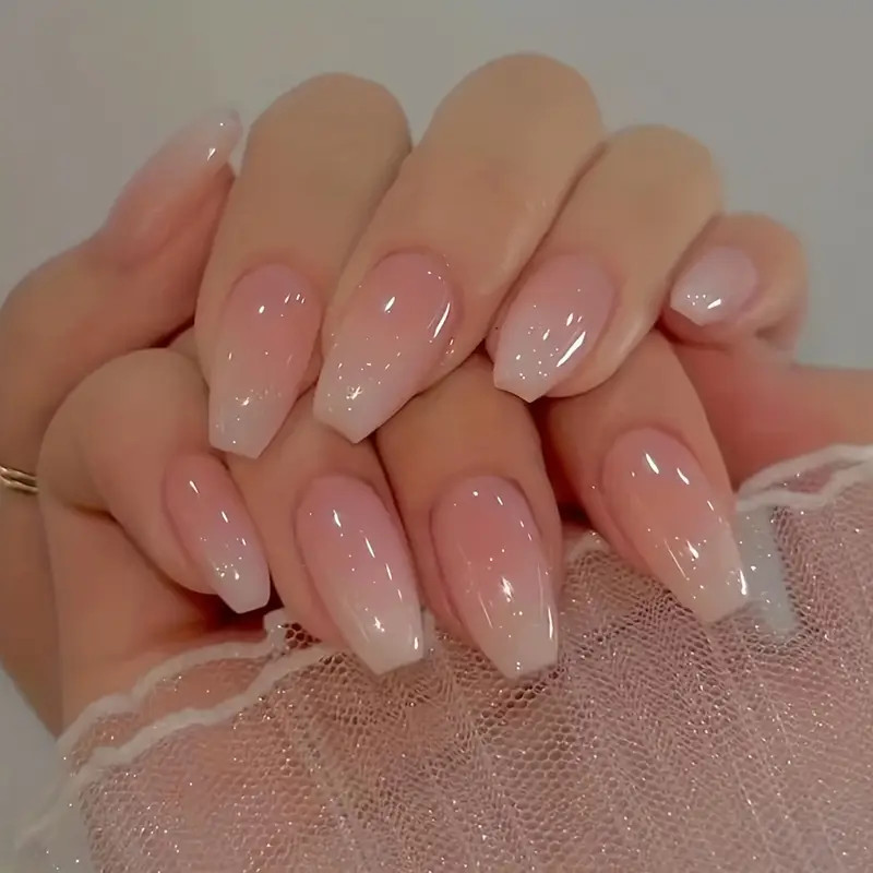 Glossy Medium Ballet   Nails Nude Pinkish Gradient Press - Temu Canada | Temu Affiliate Program