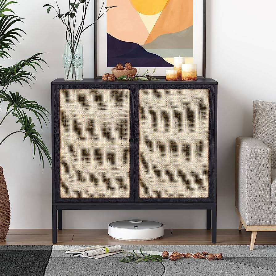 XIAO WEI Sideboard with Handmade Natural Rattan Doors, Rattan Cabinet Console Table Storage Cabin... | Amazon (US)