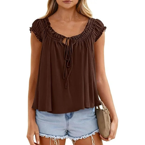 PRETTYGARDEN Womens Tie Front Tank Tops Summer Fashion Cap Sleeve Babydoll Blouses Flowy Shirts S... | Walmart (US)