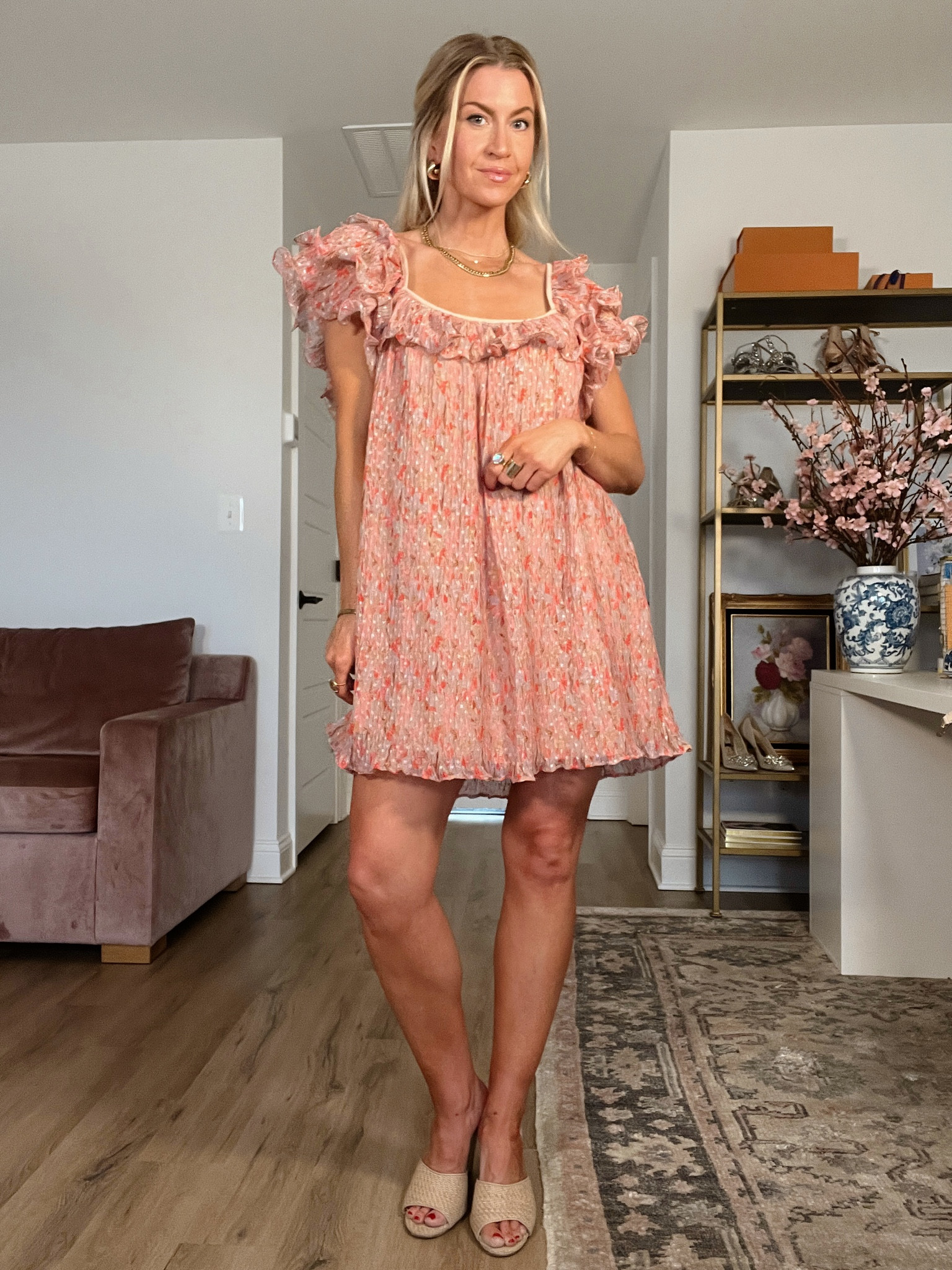 Light pink ruffled dress - wearing a S, runs large 

#LTKSeasonal #LTKwedding #LTKstyletip