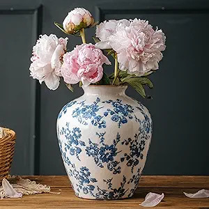 Blue and White Vase, 8 Inch Vintage Chinoiserie Ceramic Vase, Rustic Flower Vases Decorative Anti... | Amazon (US)