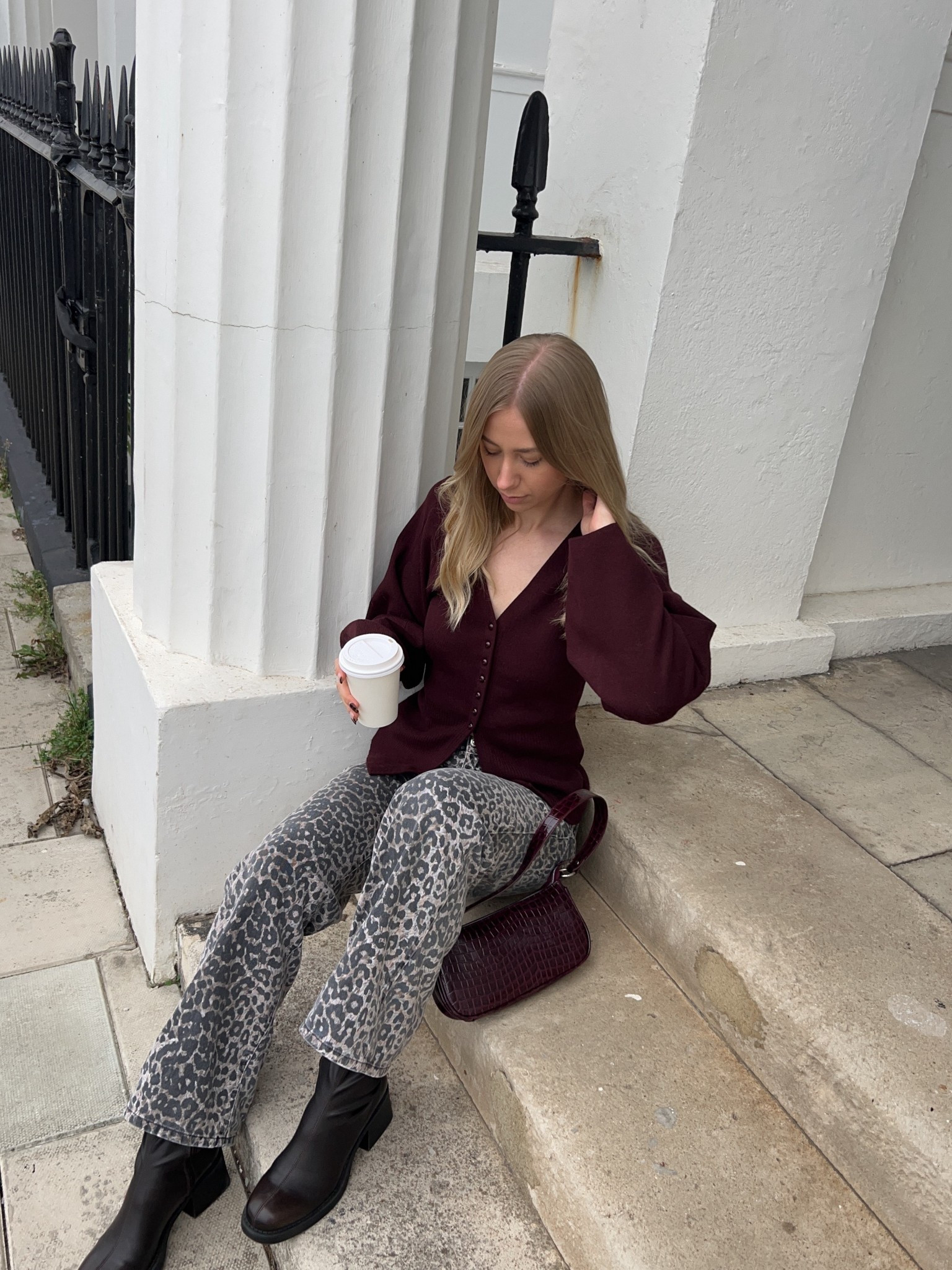 autumn winter trending style inspo burgundy cardigan leopard jeans chocolate brown coffee date outfits ootd

#LTKuk #LTKwinter #LTKautumn