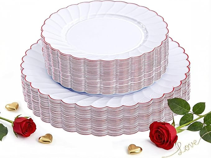 YOUBET 60PCS Red Scalloped Plastic Plates - Heavy Duty White and Red Rim Disposable Plates includ... | Amazon (US)