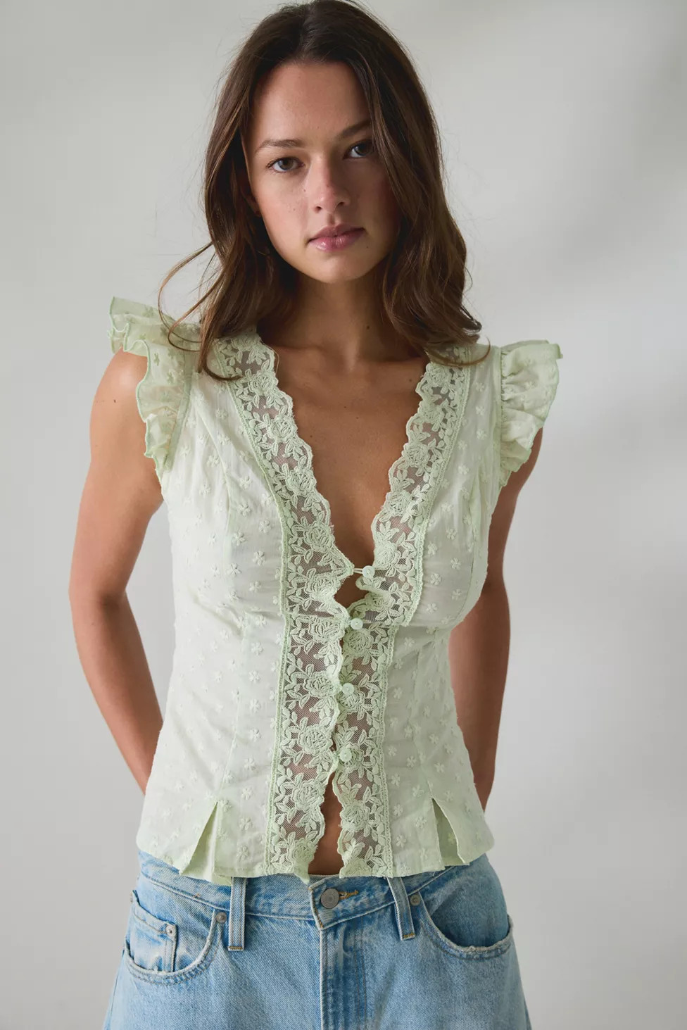 Kimchi Blue Aurelia Lace Trim Flutter Sleeve Blouse | Urban Outfitters (US and RoW)