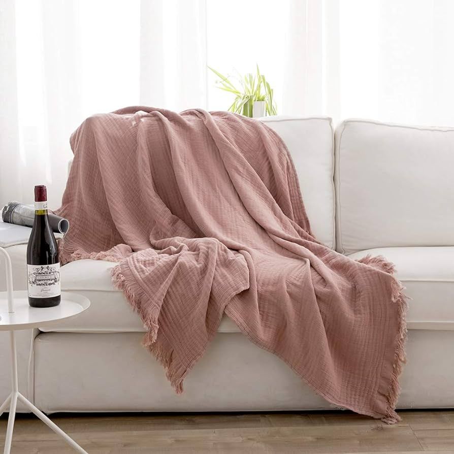 Simple&Opulence Cotton Muslin Throw Blanket for Bed, Couch, Knit Woven Gauze Blanket with Tassels... | Amazon (US)