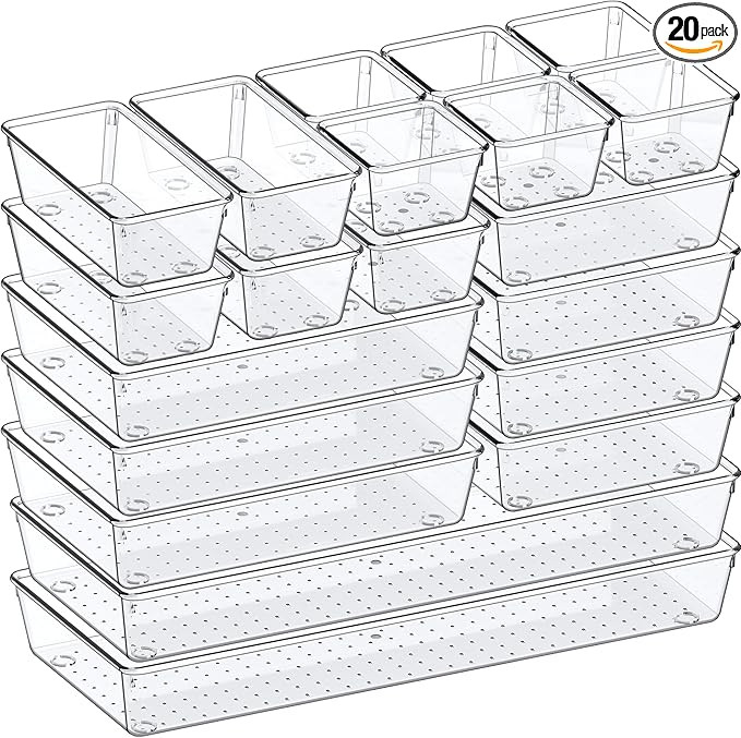 Criusia Drawer Organizer, 5-Size Versatile Bathroom and Vanity Organizer Trays, 20 Pack Clear Pla... | Amazon (US)