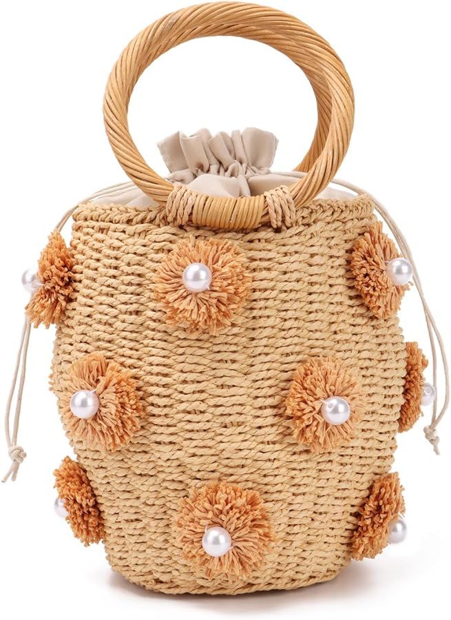 Oweisong Pearl Straw Tote Bag for Women Floral Summer Beach Handbag Summer Handmade Woven Rattan ... | Amazon (US)
