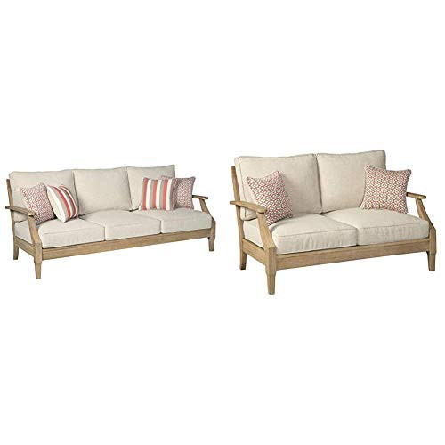 Signature Design by Ashley Clare View Coastal Outdoor Patio Eucalyptus Sofa + Loveseat with Cushions, Beige | Amazon (US)