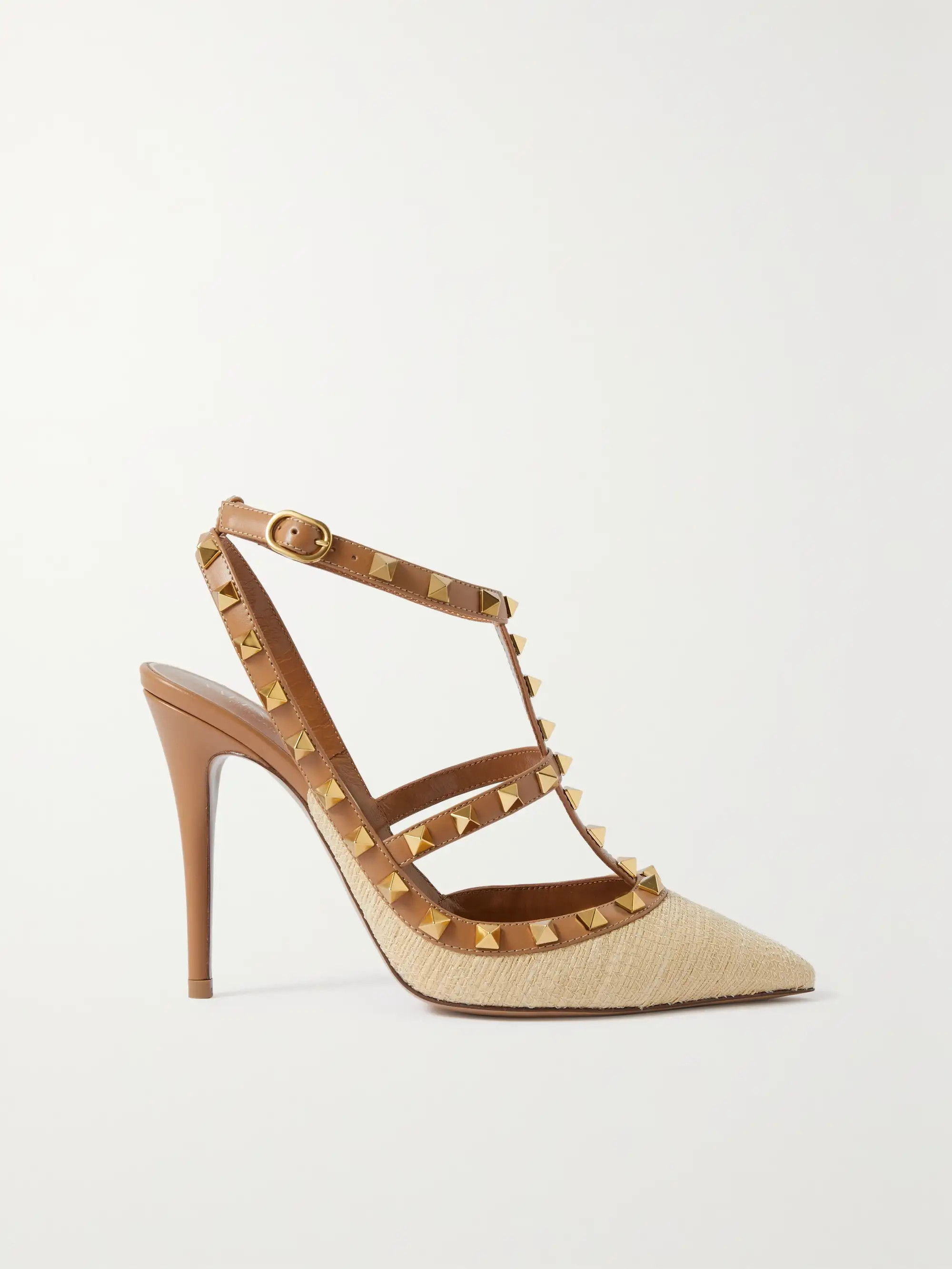 Beige Valentino Garavani Rockstud 100 leather-trimmed raffia pumps | VALENTINO | NET-A-PORTER | NET-A-PORTER (UK & EU)