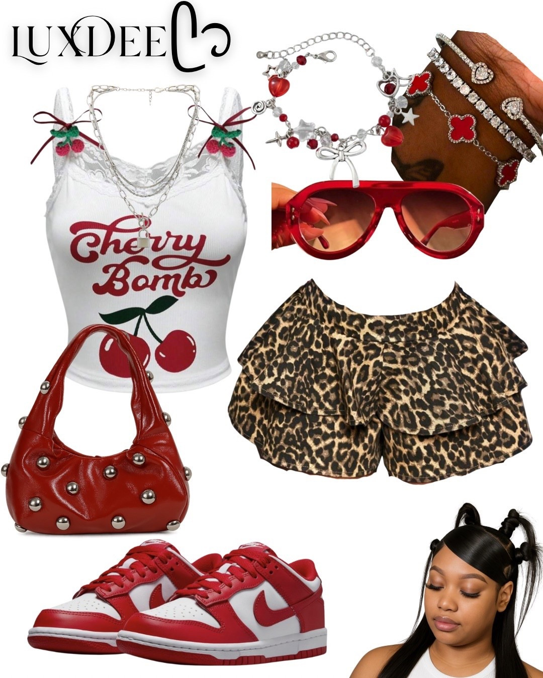 Cherry red baddie outfit🍒 | Leopard ruffle shorts, cherry top, red dunks

#LTKStyleTip #LTKItBag #LTKU