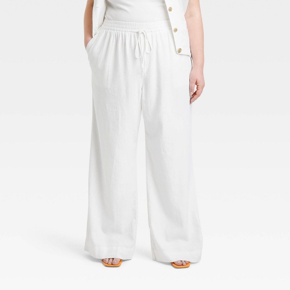 Women's High-Rise Wide Leg Linen Pull-On Pants - A New Day™ White XXL | Target