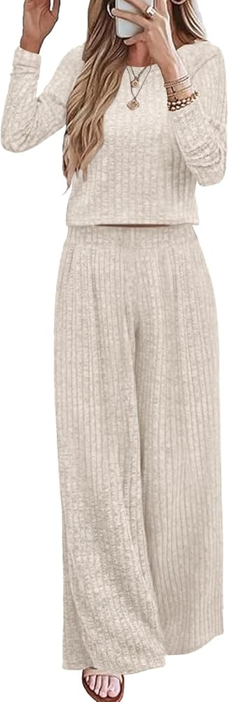 Ybenlow Women's Two Piece Lounge Sets Pajamas Outfits Long Sleeve Ribbed Knit Crop Top Loose Wide... | Amazon (US)