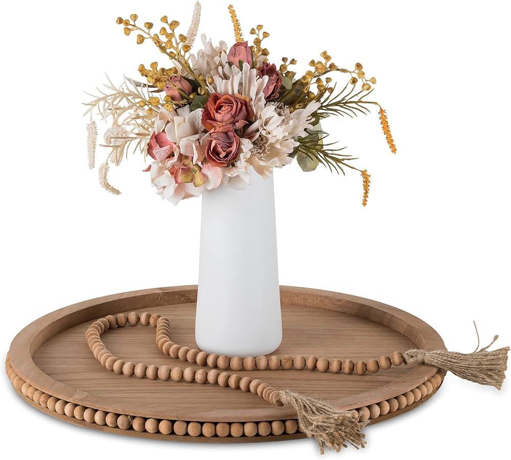 Hanobe Large Round Decorative Beaded Tray: Wood Coffee Table Tray with Beaded Garland Decor Set R... | Amazon (US)