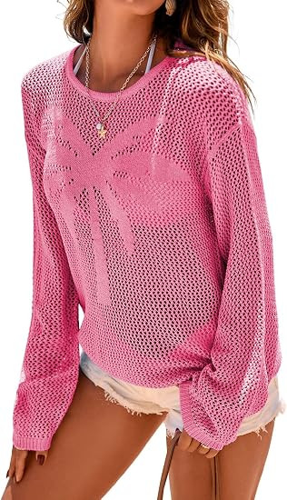 Dokotoo Womens Fashion 2026 Summer Crochet Hollow Out Long Sleeve Sweaters Casual Crewneck Pullov... | Amazon (US)