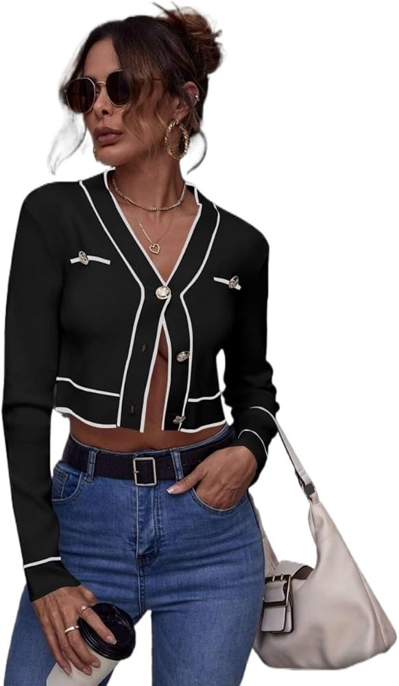 Sweaters for Women Fall Fashion 2023 Black V Neck Casual Contrast Trim Button Front Cardigan Long... | Amazon (US)