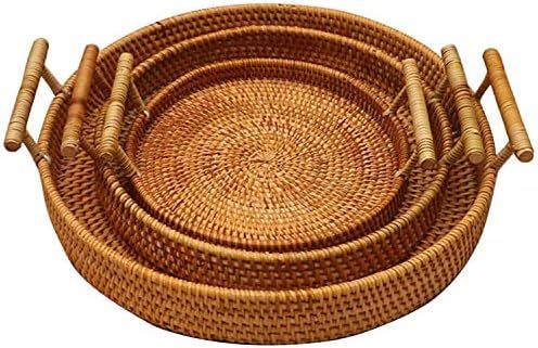 FiaLife Rattan Hand Woven Round Decorative Rustic Serving Wicker Trays with Handles for Home / So... | Amazon (US)