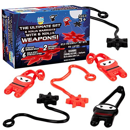 PICK A TOY 12 Pc. Ninja Toys Set with Stretchy Flying Ninjas and Colorful Throwing Stars Slingshots, Flexible and Sticky Elastic, Fun Birthday Party Favors for Boys and Girls | Amazon (US)