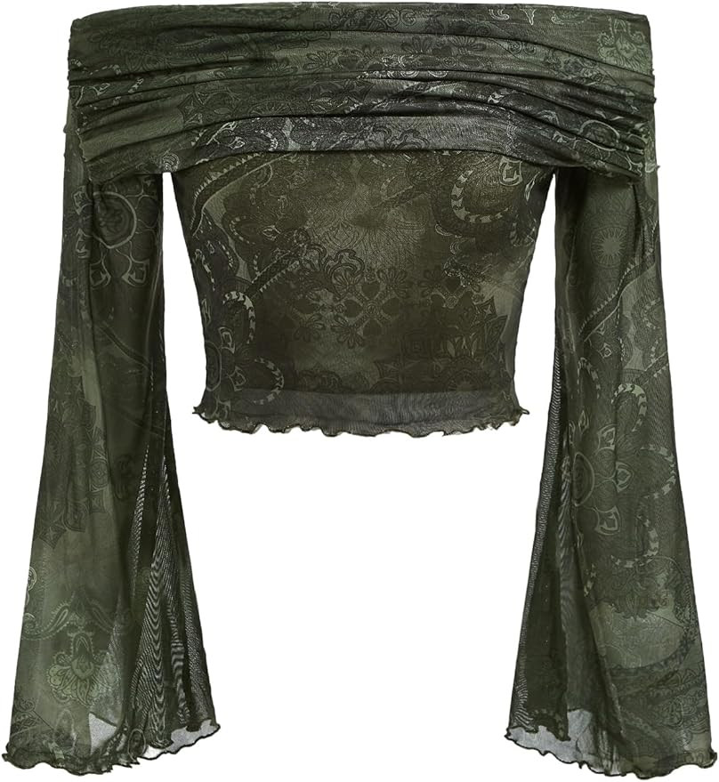 GORGLITTER Women's Floral Print Off Shoulder Mesh Crop Tees Trumpet Long Sleeve Lettuce Trim Crop... | Amazon (US)