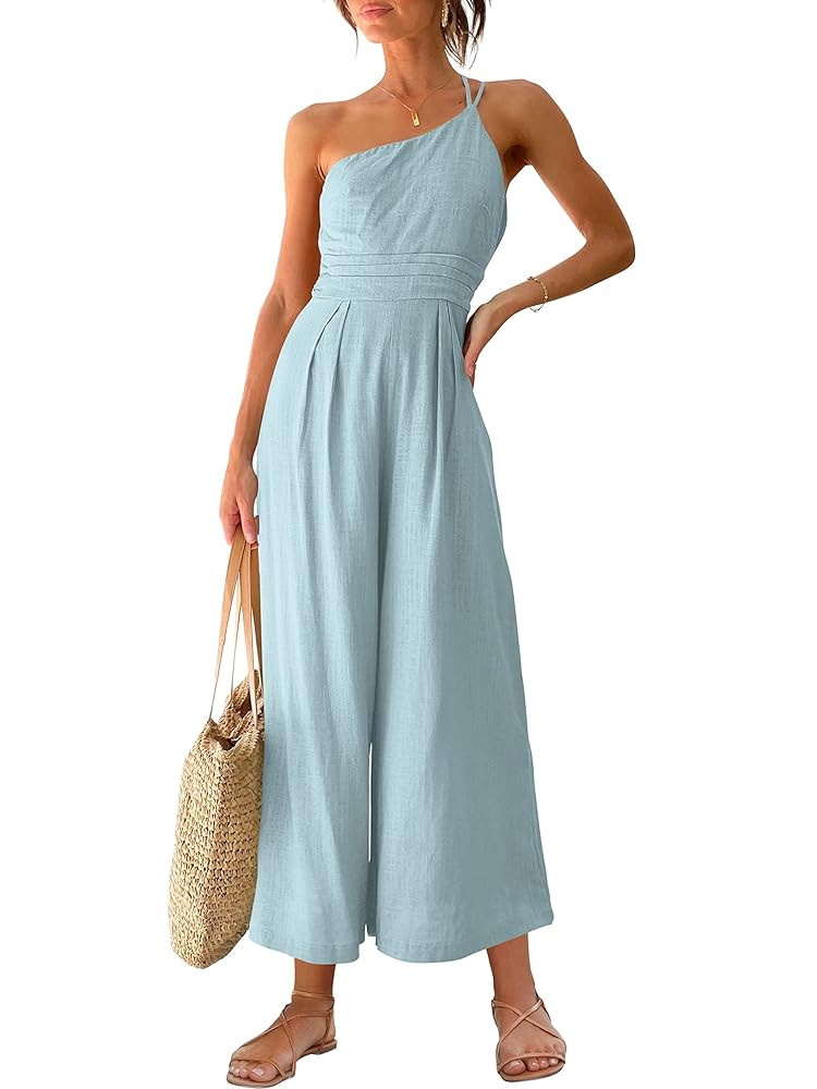 ANRABESS Women's Summer Straps One Shoulder High Waist Dressy Casual Wide Leg Linen Jumpsuit Romp... | Amazon (US)