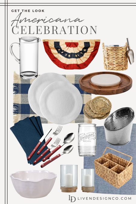 Americana table setting. Tablescape. 4th of July party. Outdoor party. Bbq. Red white blue decor. Antique American flag. Glass pitcher. Outdoor dinnerware. Melamine plates. Flatware. Navy napkins. Checkered placemats. Buffalo plaid. Woven drink coasters. Ice bucket. Beverage tub. Serving bowl. Wood acacia serving board. Glass and wood candle hurricanes. Utensil holder. Mason jar glasses. 

#LTKSeasonal #LTKHome #LTKStyleTip