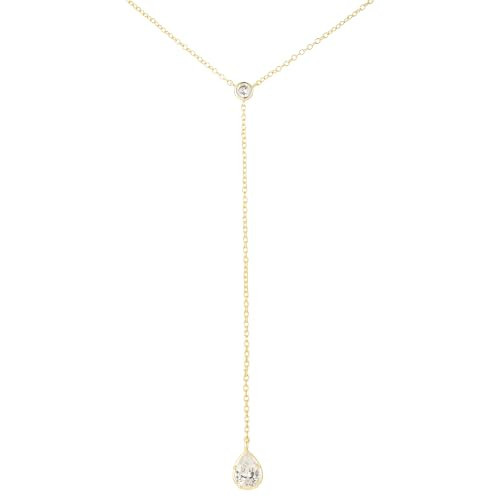Long Lariat Necklace for Women, CZ Diamond Y Necklace, Minimalist Layering Jewelry, Dainty Gold Plated Silver Necklace for Everyday Wear, Gift for Her (02-Pearl Drop, 18K Gold) | Amazon (US)