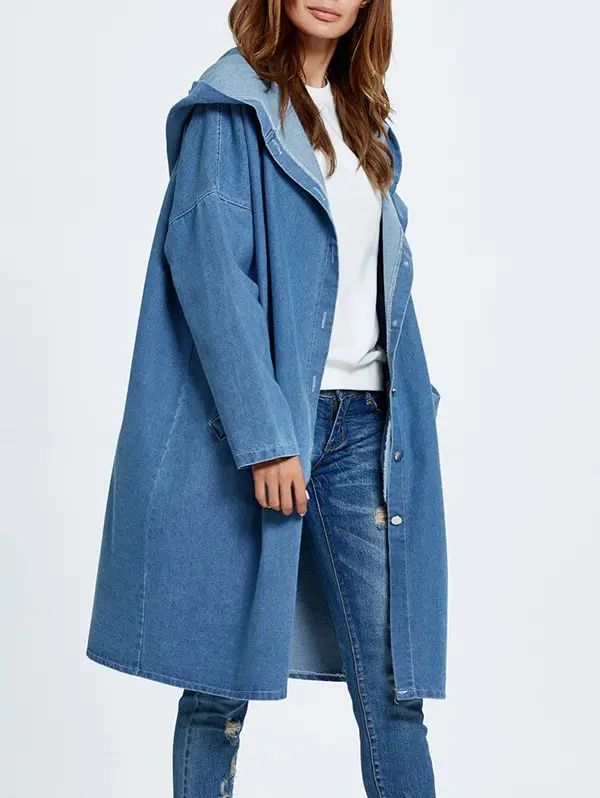 Hooded Button Up Denim Coat with Pockets | Rosegal US