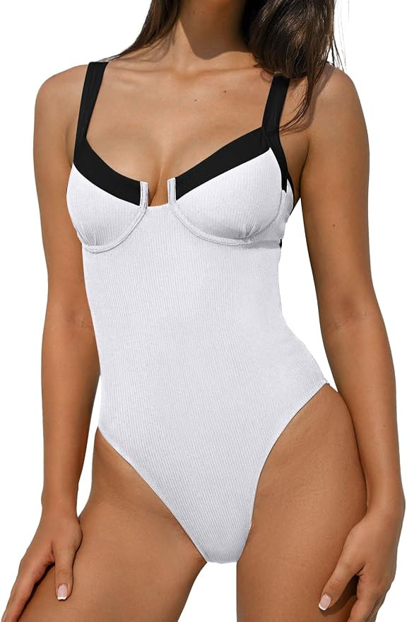 BERLOOK One Piece Swimsuit Women Tummy Control Ribbed Retro Bathing Suits Contrast Trim Knotted S... | Amazon (US)
