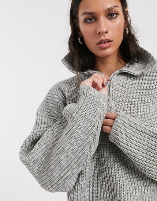 Weekday Alissa zip detail roll neck sweater in gray melange | ASOS US
