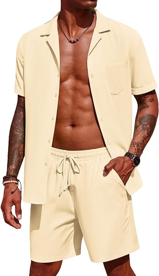 COOFANDY Men's 2 Pieces Shirt Set Short Sleeve Button Down Casual Hippie Holiday Beach T-Shirts S... | Amazon (US)