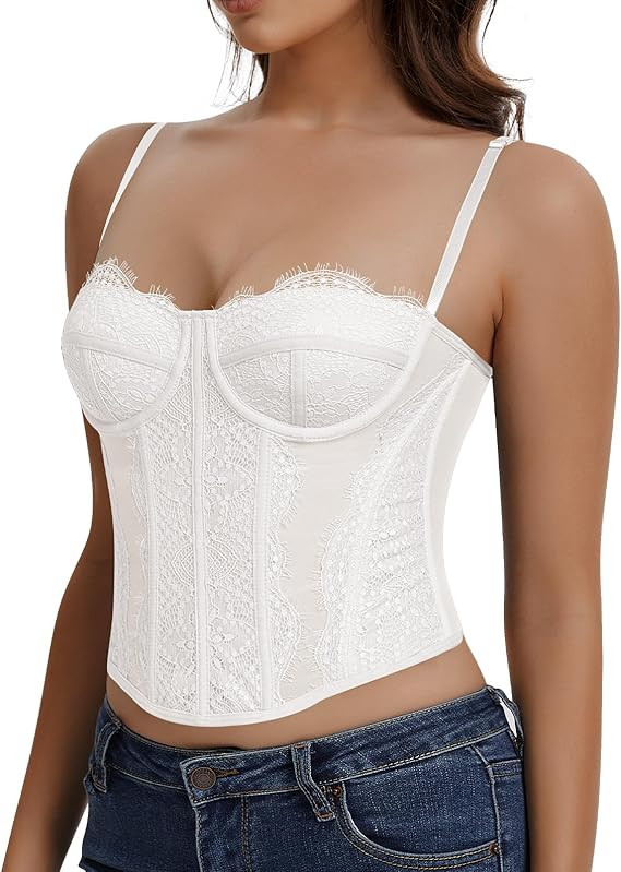 Lace Corset Tops for Women Sexy Going Out Bustier Top Sleeveless Adjustable Straps Crop Tops with... | Amazon (US)