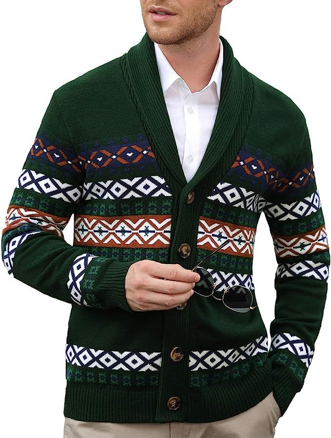 PJ PAUL JONES Men's Cardigan Sweaters Shawl Collar Button Fair Isle Knitted Sweater | Amazon (US)