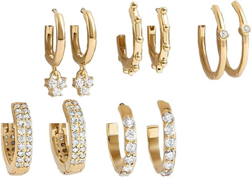 5 Paris Statement Gold-plated Cubic Zirconia Huggies Hoop Earrings Set for Women, Charm Small Dan... | Amazon (US)