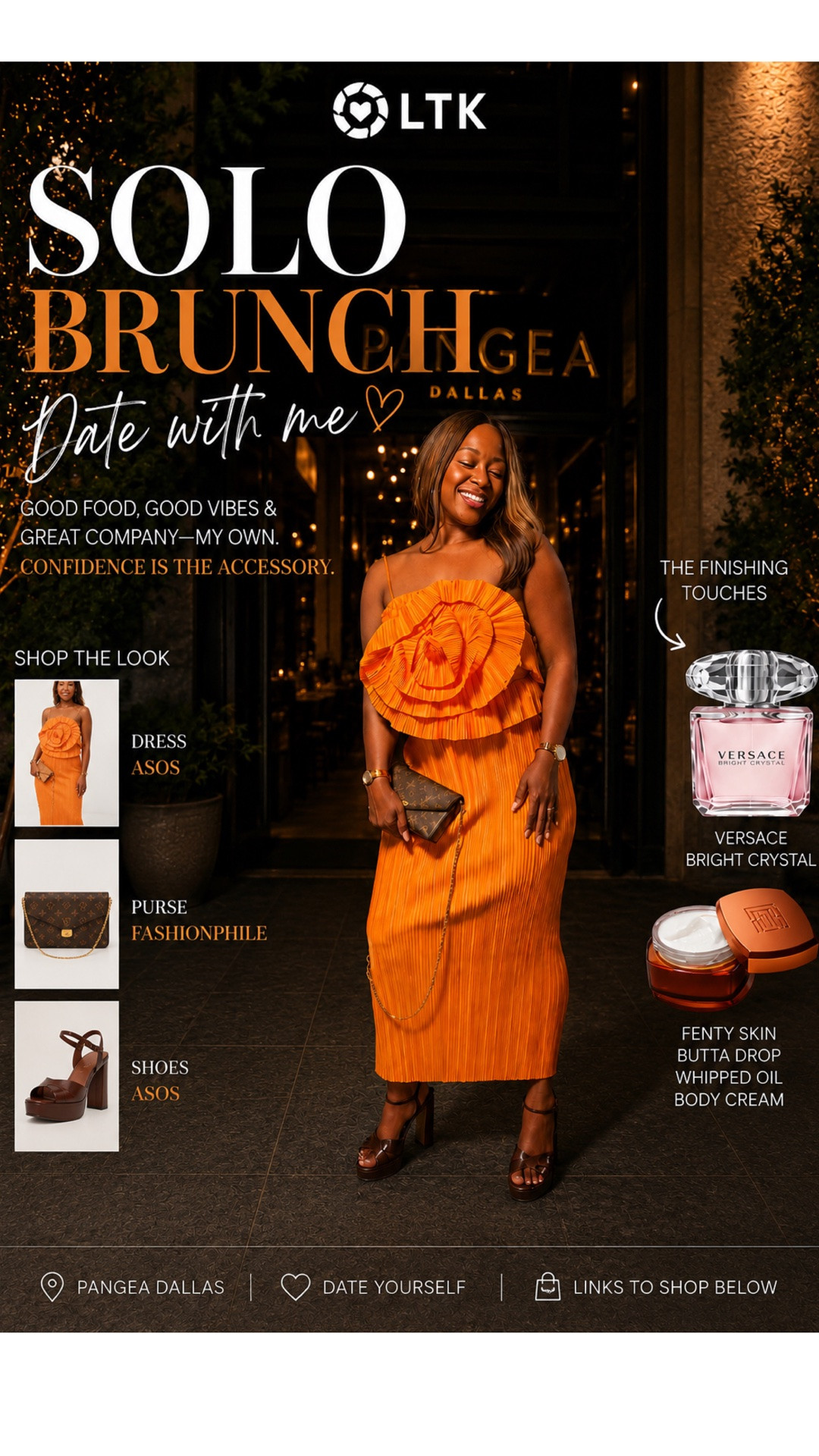 Good food, good vibes, and great company—my own. Sometimes the best table reservation is the one you make for yourself. Confidence is the accessory, brunch is the excuse, and showing up for yourself is always in style.

Wearing an ASOS dress paired with Fashionphile luxury and my favorite beauty combo: Versace Bright Crystal and Fenty Whipped Oil Body Cream. Sadly, the dress is out of stock, but I’ve added dresses with a similar vibe.

📍Pangea Dallas

#SoloBrunchDate #DallasBrunch #PangeaDallas #ASOSStyle #FashionphileFinds #VersaceBrightCrystal #FentySkin

#LTKootd #LTKOver40 #LTKMidsize