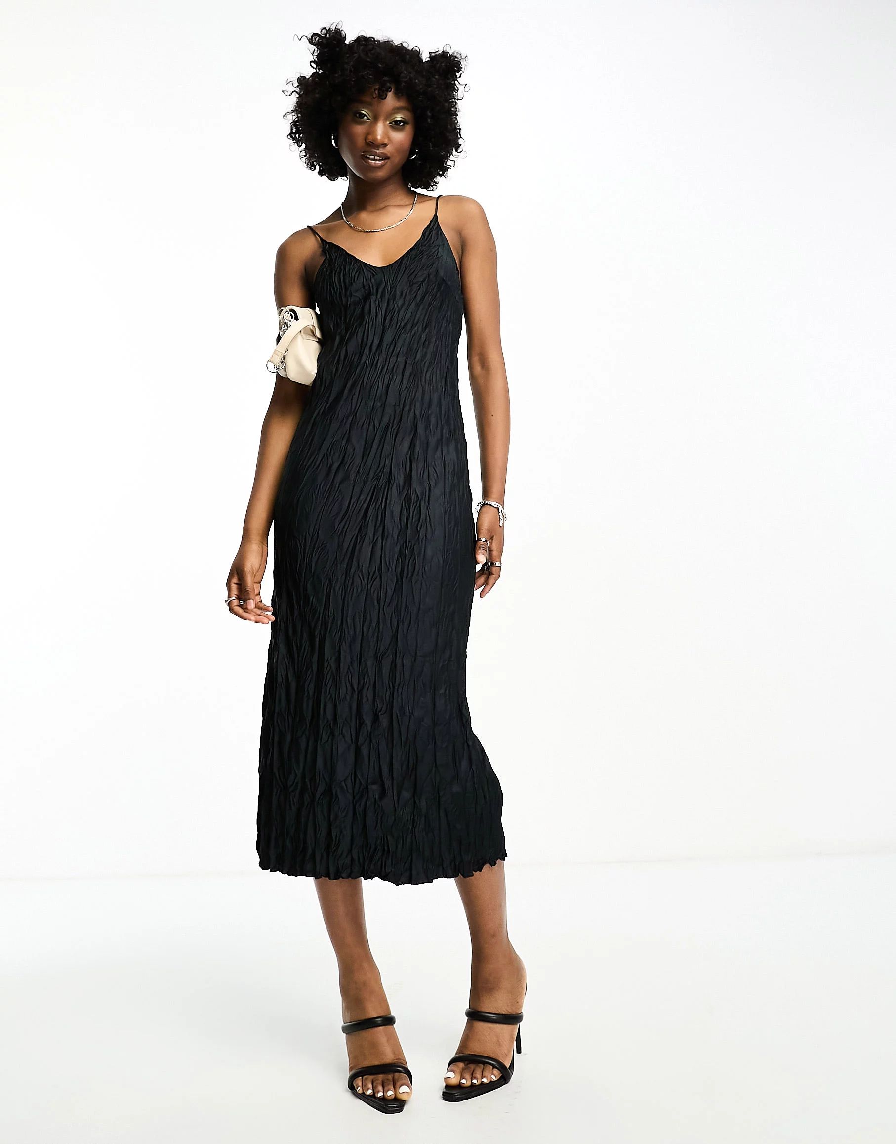Weekday Lea crinkle effect satin midi dress in black | ASOS (Global)