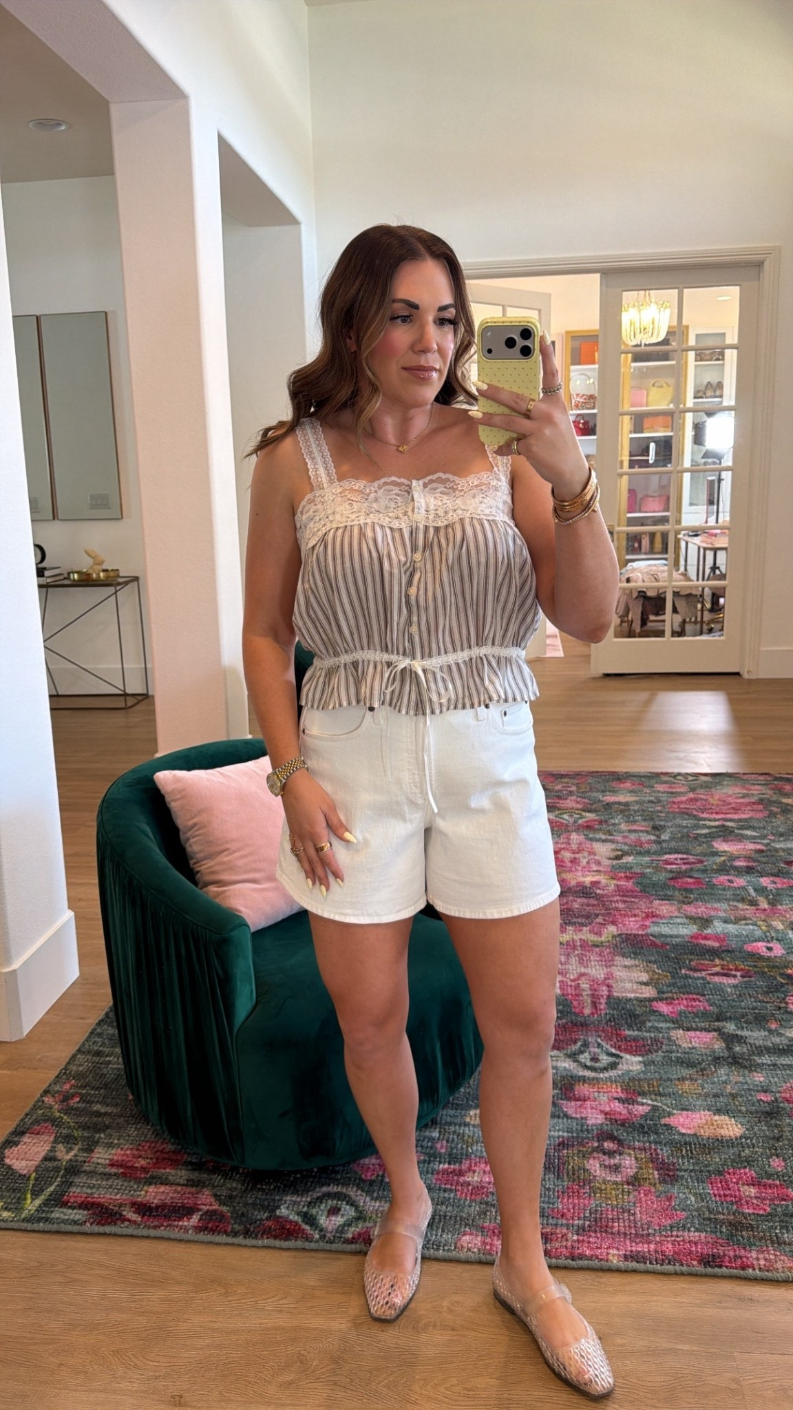 curvy midsize casual spring outfit! wearing size large in brown strip top (could have sized down, runs big) and size 30 in white mid length shorts! love my clear jelly mary jane flats! 

#LTKSeasonal #LTKMidsize