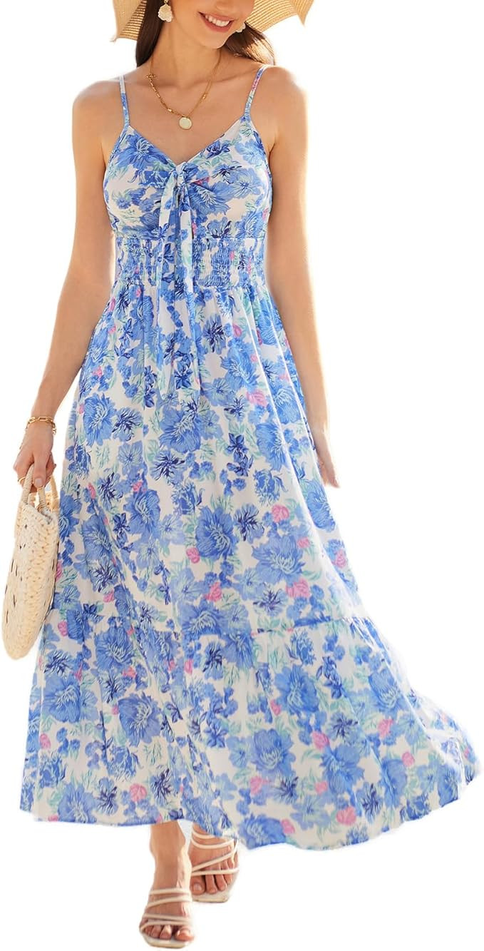 GRACE KARIN Women's 2024 Summer Beach Dress Floral V Neck Tie Front Spaghetti Strap Flowy Long Dr... | Amazon (US)