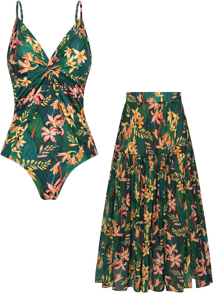 GRACE KARIN Women's One Piece Swimsuits with Cover Up Skirt Tummy Control V Neck Bathing Suits | Amazon (US)